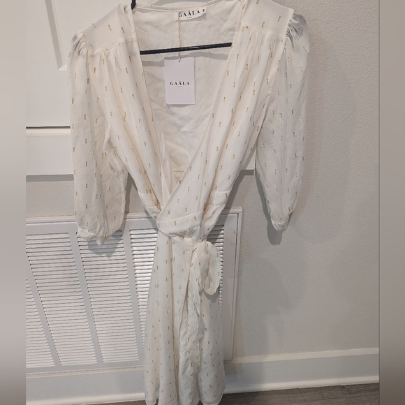NWT Gaâla Paris Annabelle Silk Chiffon Wrap Midi Dress Ivory Gold Small/Medium - Picture 9 of 11